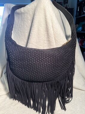 Elizabeth and James Black Suede Woven Fringe Hobo with single strap